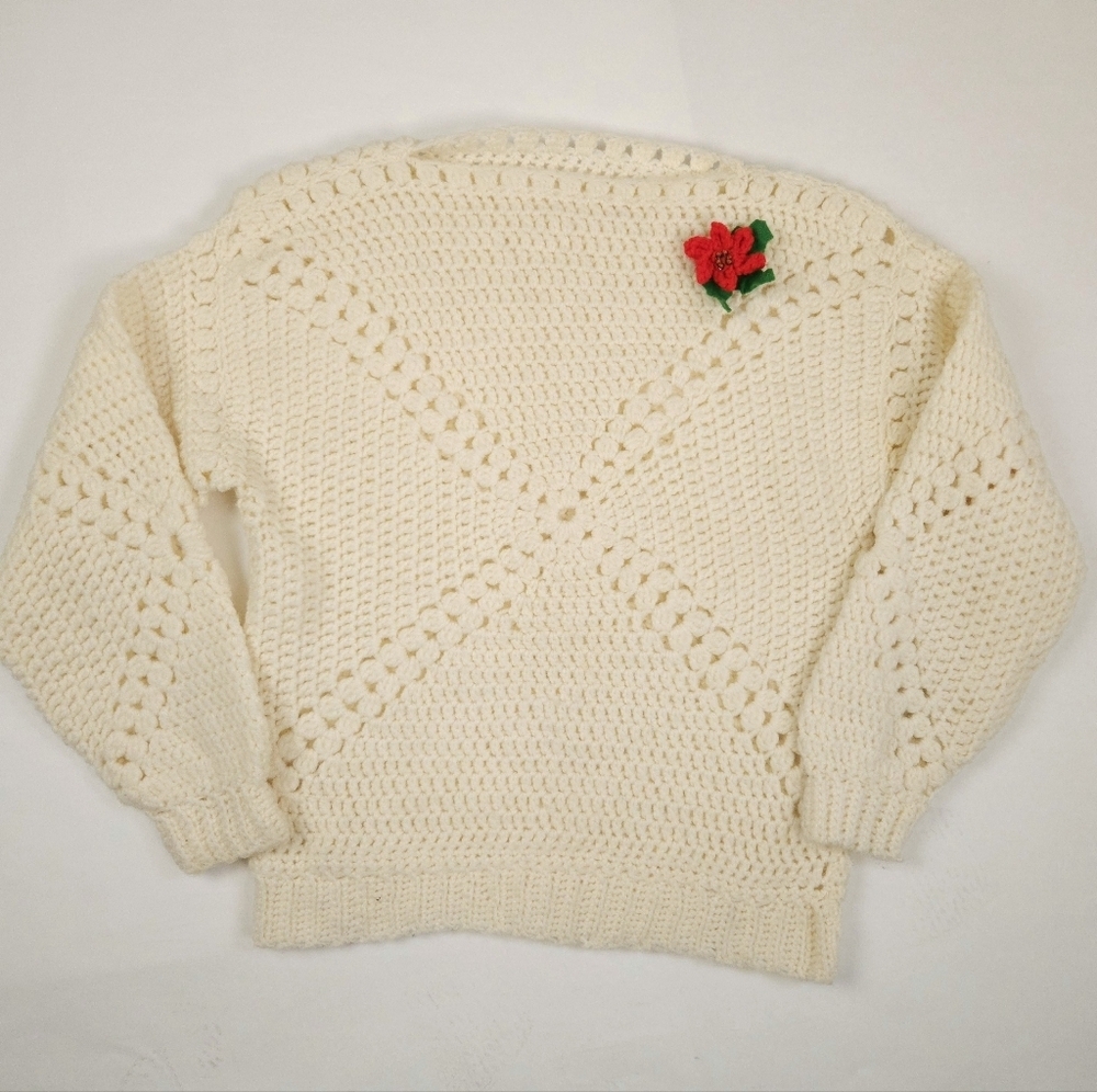 Handmade Crocheted Floral Ivory Sweater With Red Poinsettia Women's Small